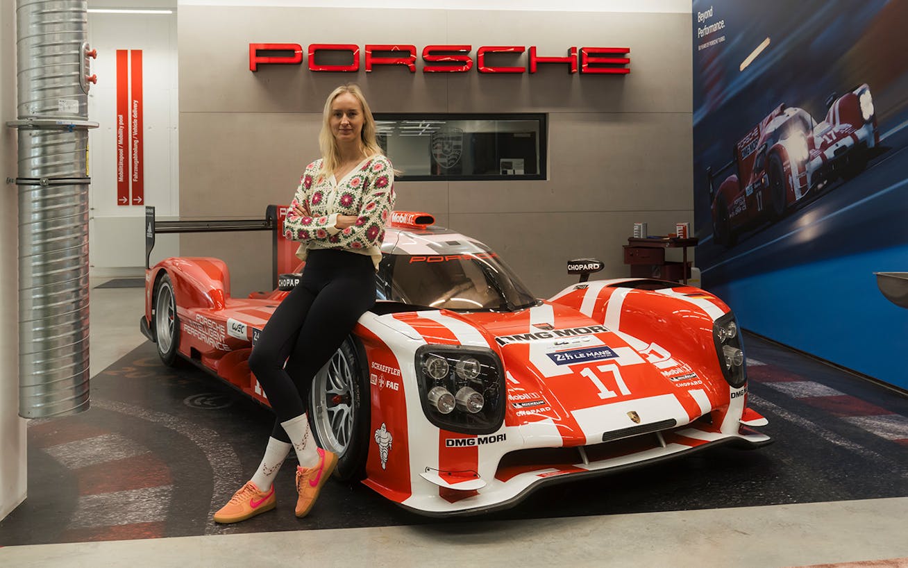 Michelle Gatting with 2015 WEC-winning Porsche 919 Hybrid racecar