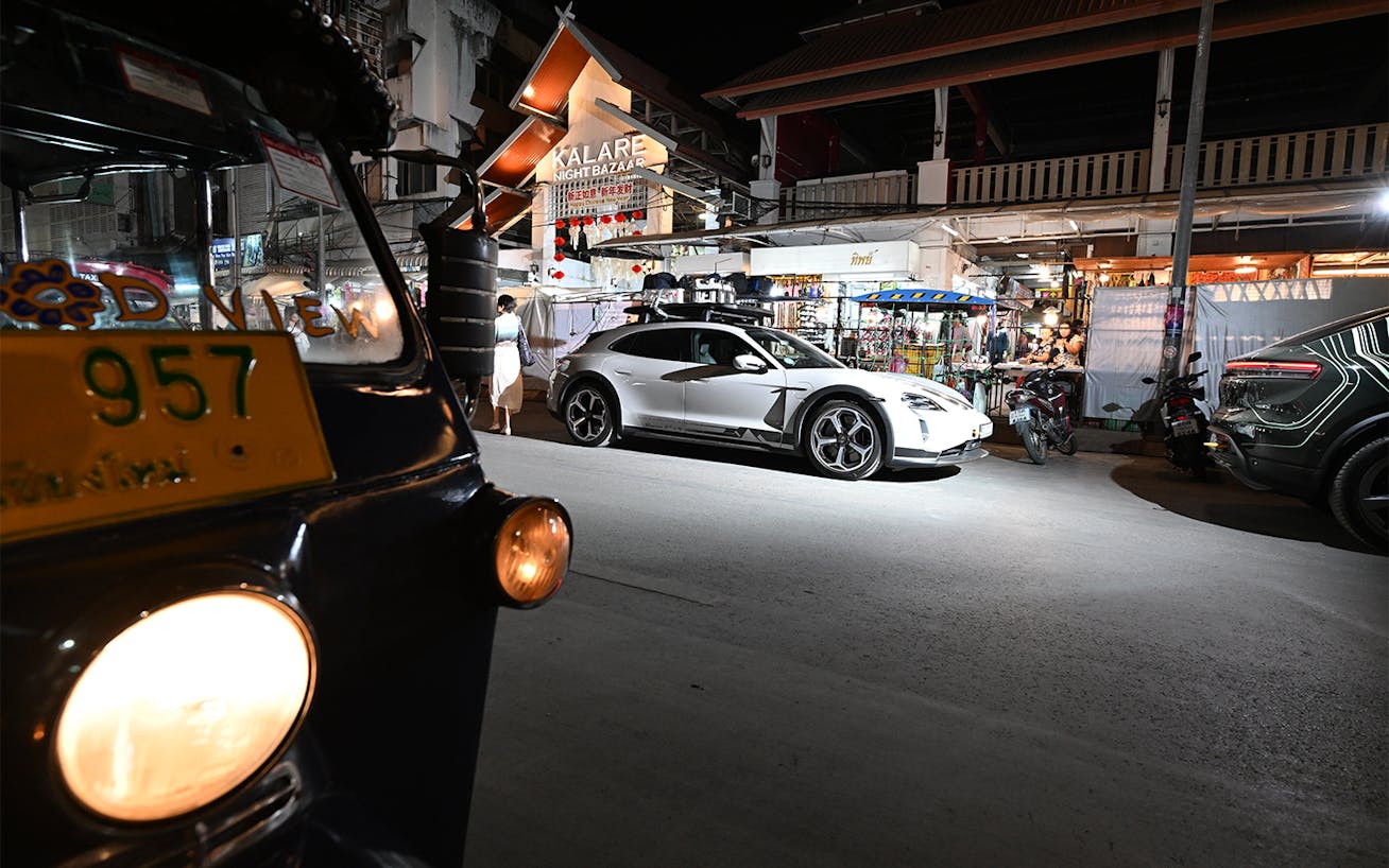 Porsche Taycan Turbo Cross Turismo at night in Chiang Mai 