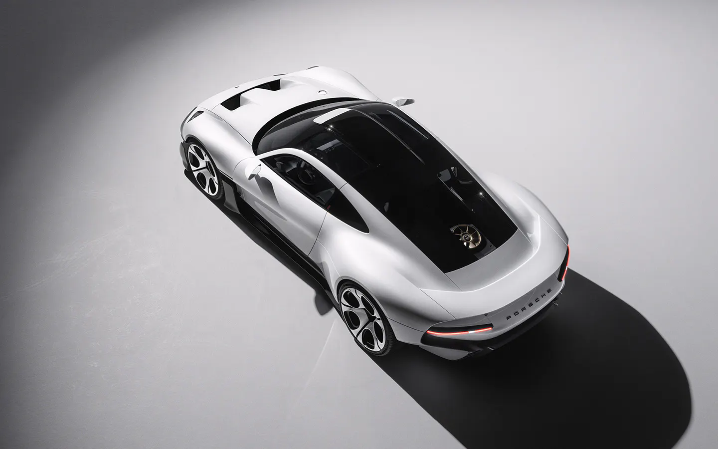 Rear three-quarter birdseye view of Porsche Mission S vision model