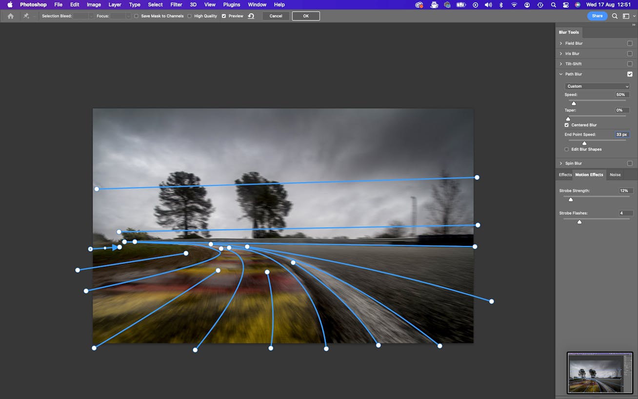 Screengrab of Photoshop file showing racetrack and blur paths