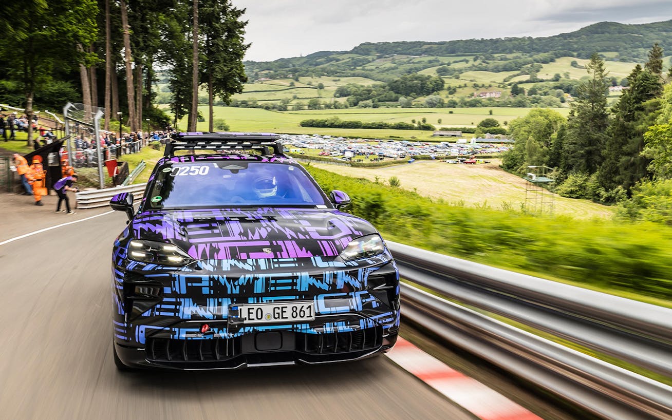 Porsche Cayenne Electric prototype heads up Shelsley Walsh hillclimb in Worcestershire, England