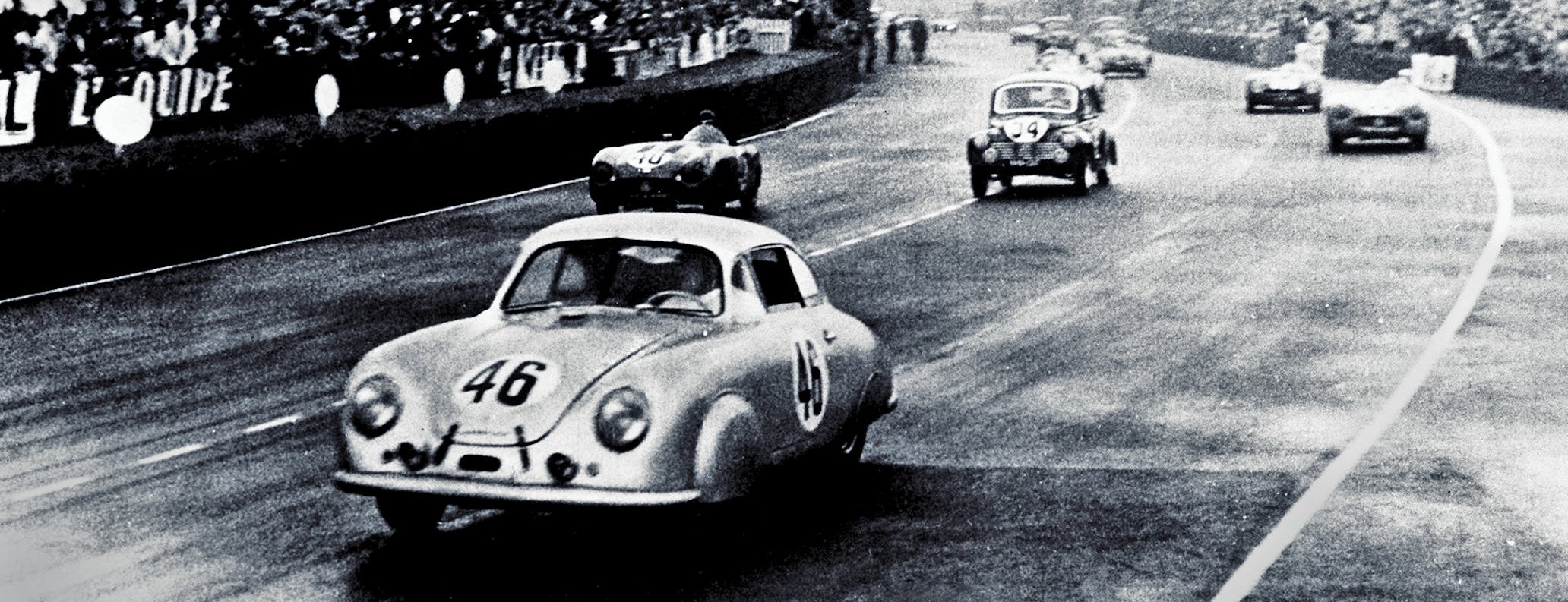 Porsche 356, driven by Auguste Veuillet and Edmond Mouche, on track at the 24 Hours of Le Mans in 1951