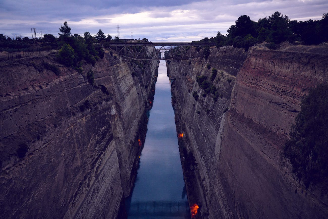 The bridge over the steep-sided Corinth Canal, cut from rock