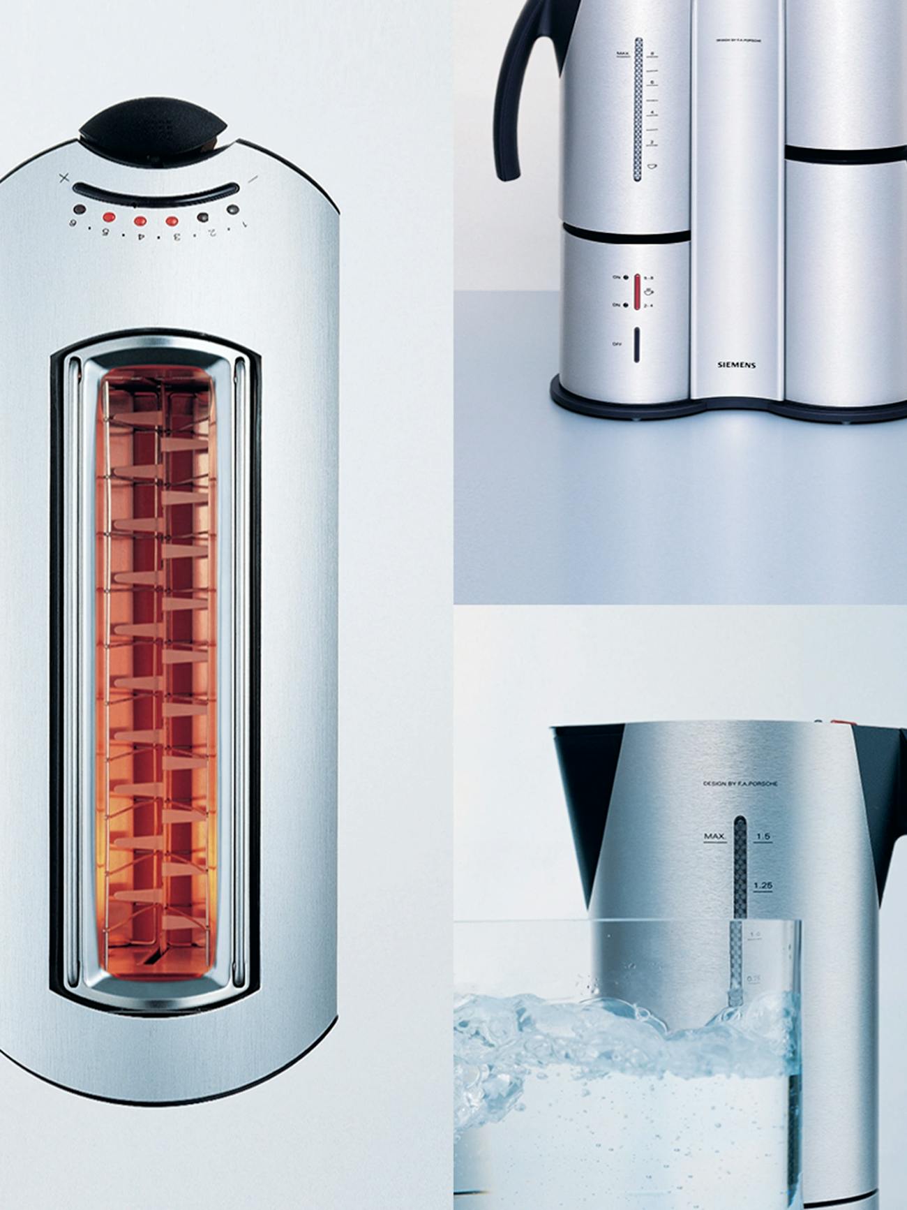 Composite image comprising Porsche Design kettle, toaster and thermos