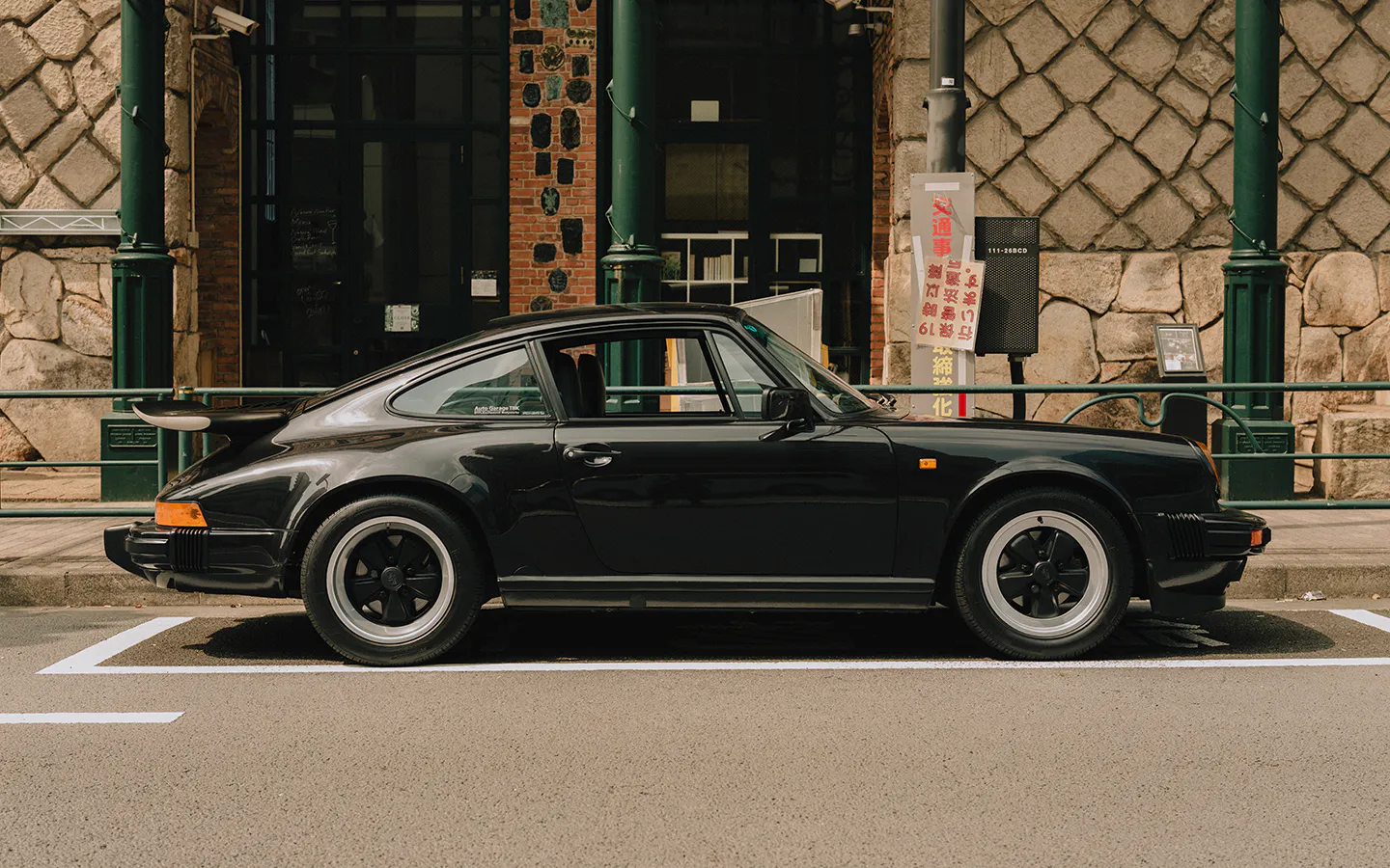 Side view of black Porsche 911 Carrera S/C parked on Tokyo street
