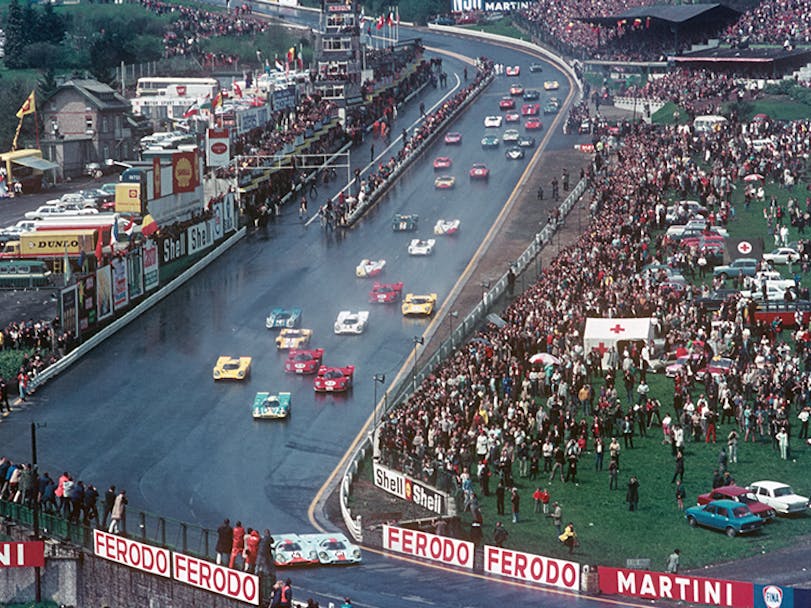 Historic colour photo of motor racing at Spa-Francorchamps