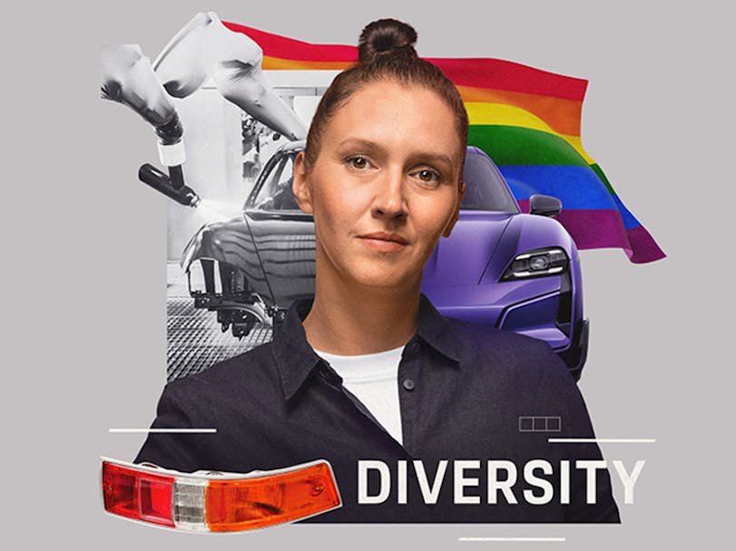 Composite image of a woman Porsche worker with a Porsche Taycan and rainbow flag in the background