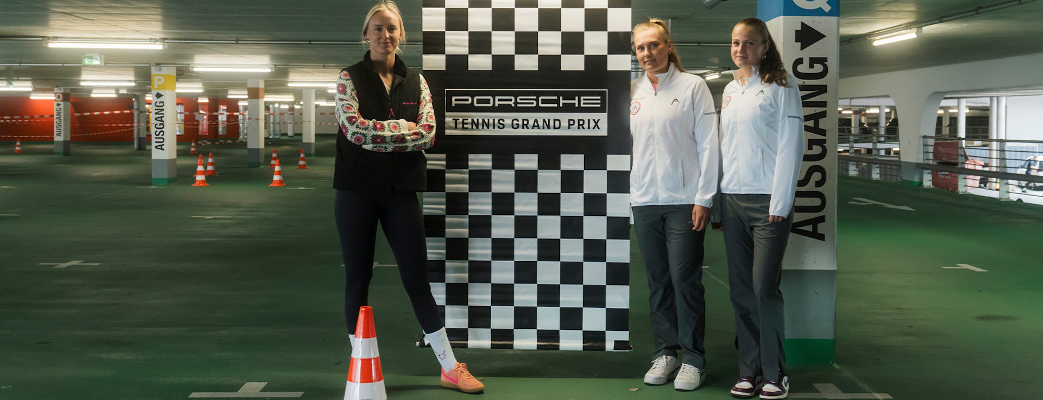 Michelle Gatting, Nastasja Schunk and Mariella Thamm at Porsche Tennis Grand Prix driving challenge