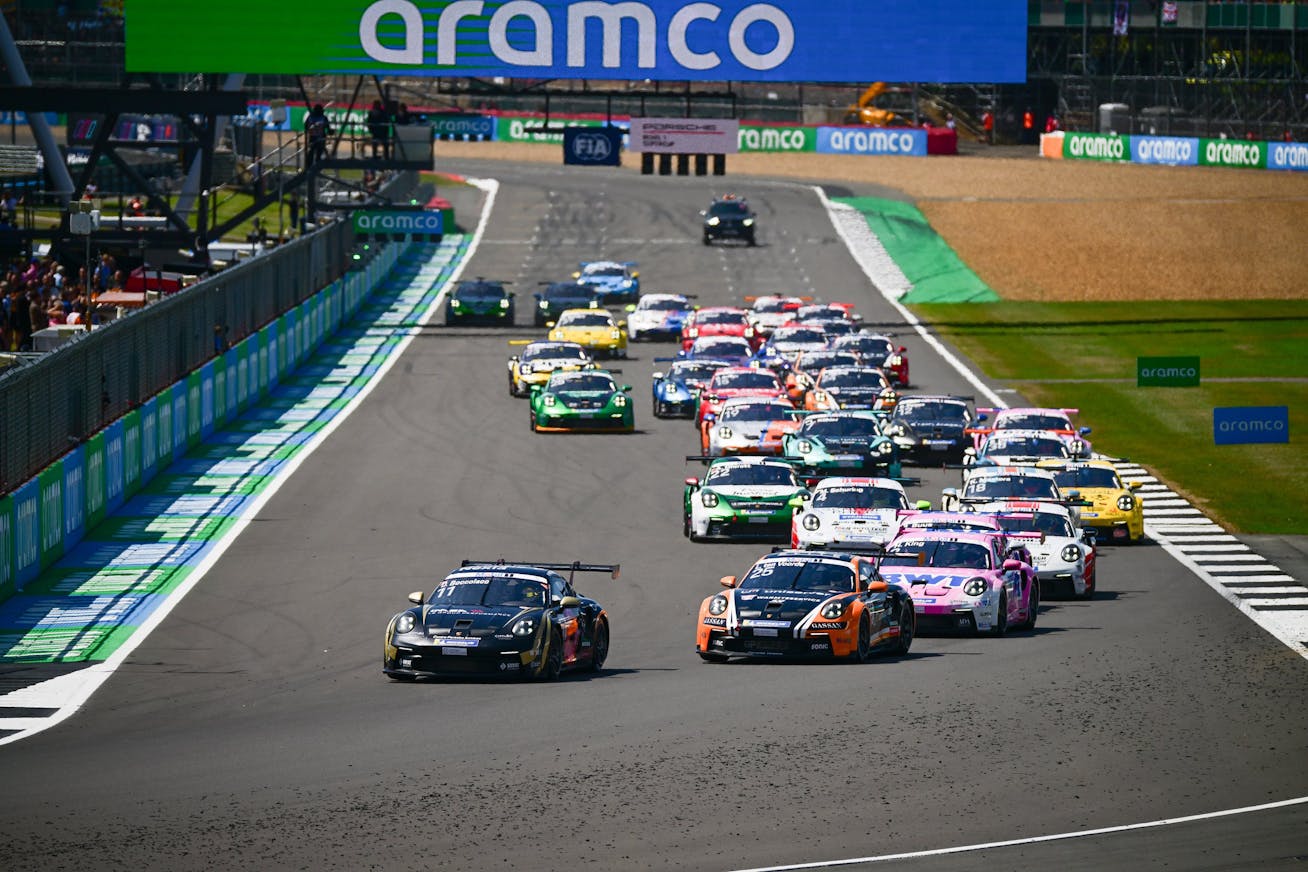 Porsche racecars on the Silverstone racetrack in England