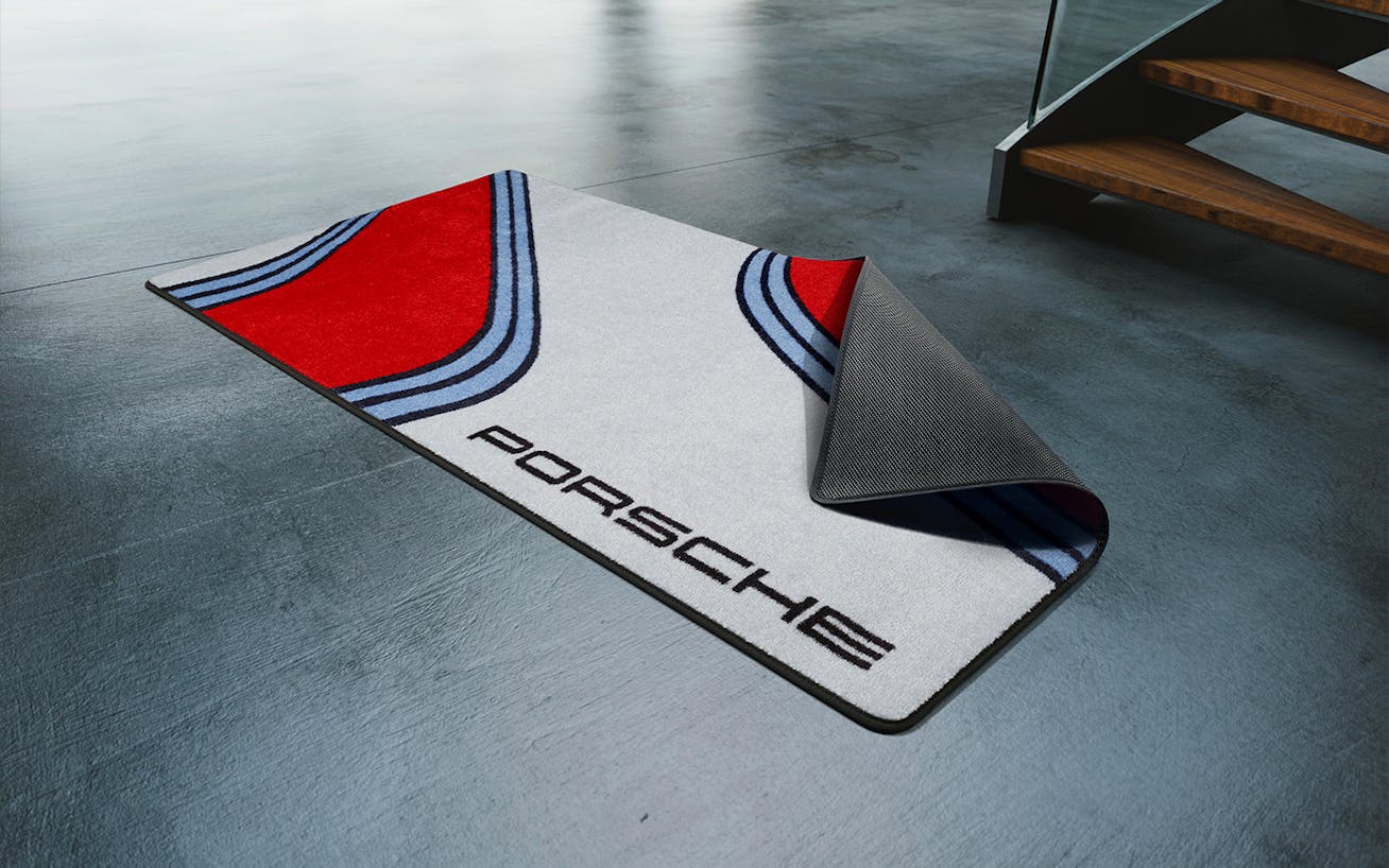 Porsche Martini Racing Design Garage Mat on workshop floor 