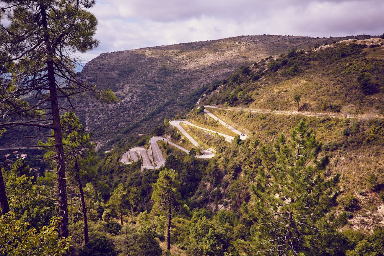 View of the twisty Col de Turini switchbacks
