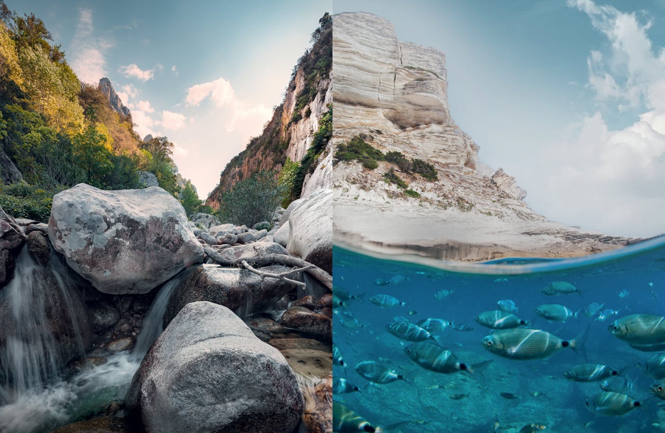 Porsche Travel Experience_composite image of river in Golfo di Orosei National Park, Sardinia and Bonifacio, Les Trois Points, Corsica