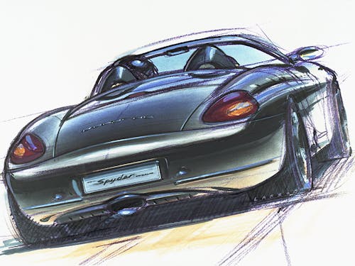Colour pencil design sketch of rear view of Porsche Boxster