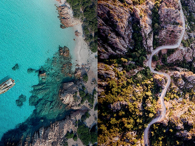 Porsche Travel Experience_montage of aerial views of scenery in Corsica and Sardinia 