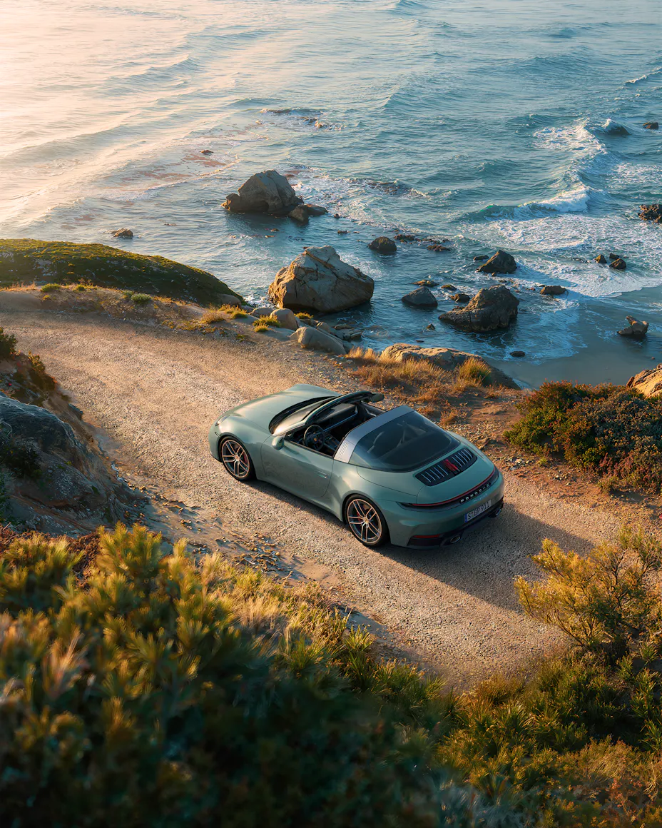 Overhead view of Porsche 911 Targa on coastal road
