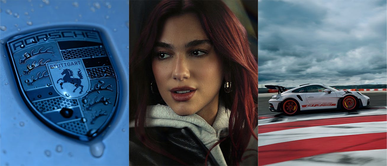 Image of Porsche logo, 911 GT3 RS and Dua Lipa