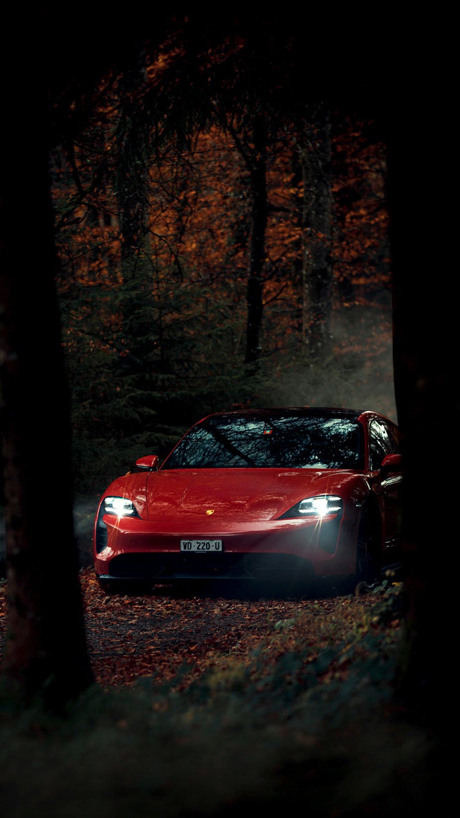 Porsche Taycan Turbo in Carmine Red in quiet autumn forest 