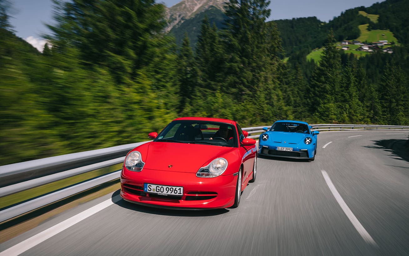 911 (996) GT3 and 911 (992) GT3 driving on mountain road