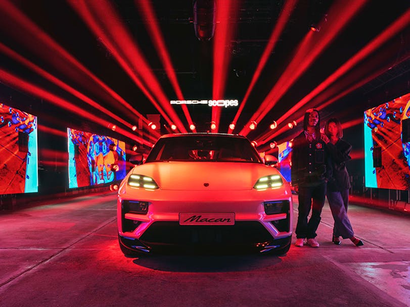 Porsche Macan Electric art installation by PRSMC at Porsche SCOPES, Marseille, France
