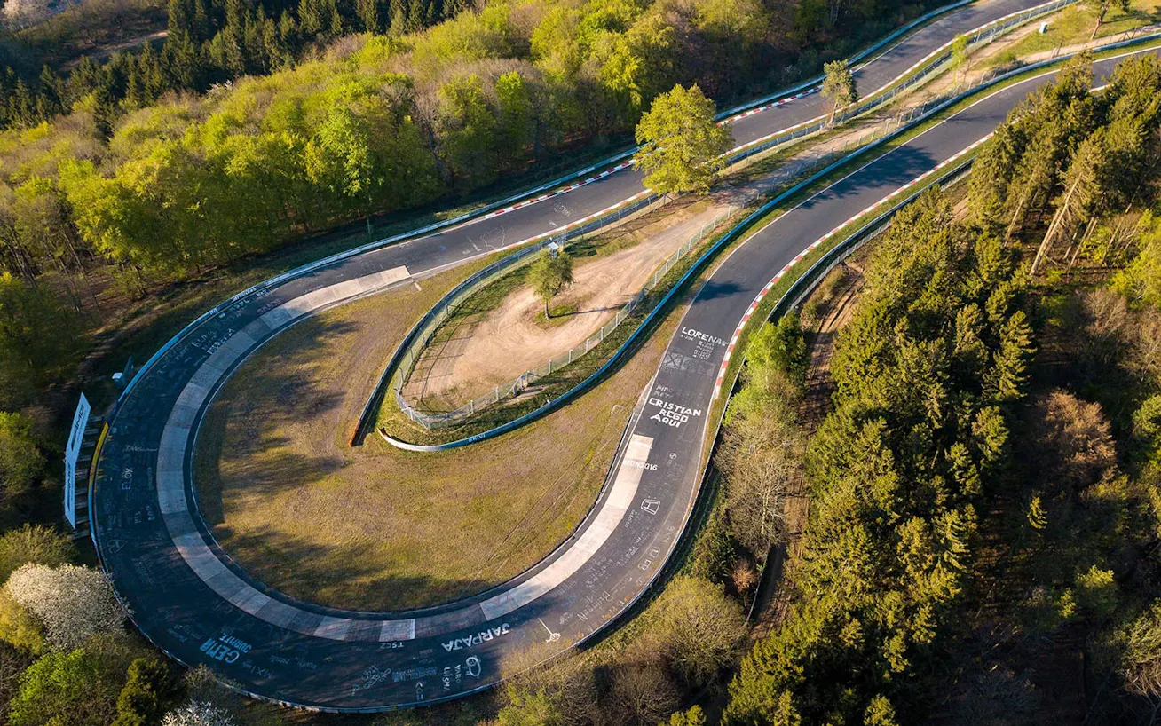 Aerial view of Caracciola-Karussell hairpin on the Nürburgring Nordschleife