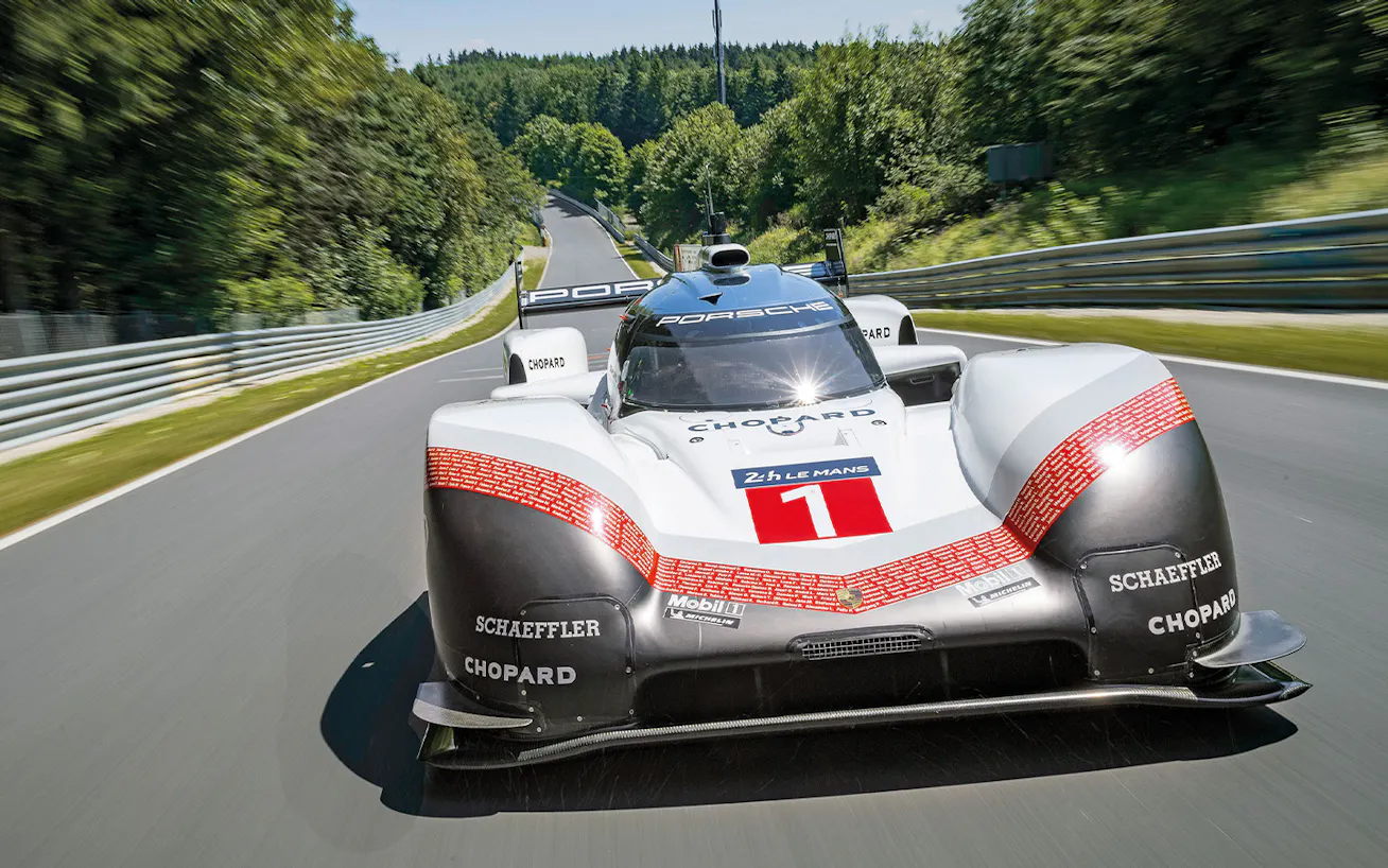 Timo Bernhard in the Porsche 919 Hybrid Evo in June 2018 breaking the lap record for the Nürburgring Nordschleife