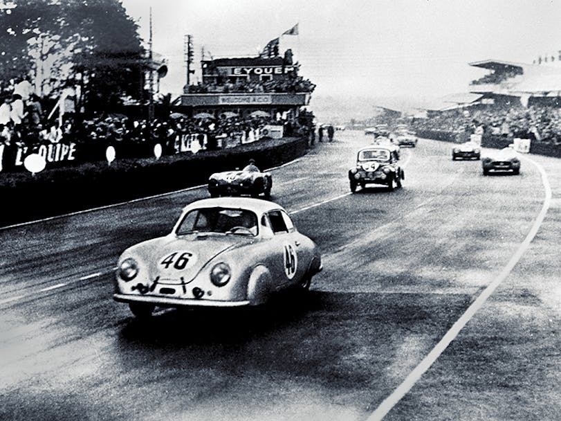 Porsche 356, driven by Auguste Veuillet and Edmond Mouche, on track at the 24 Hours of Le Mans in 1951