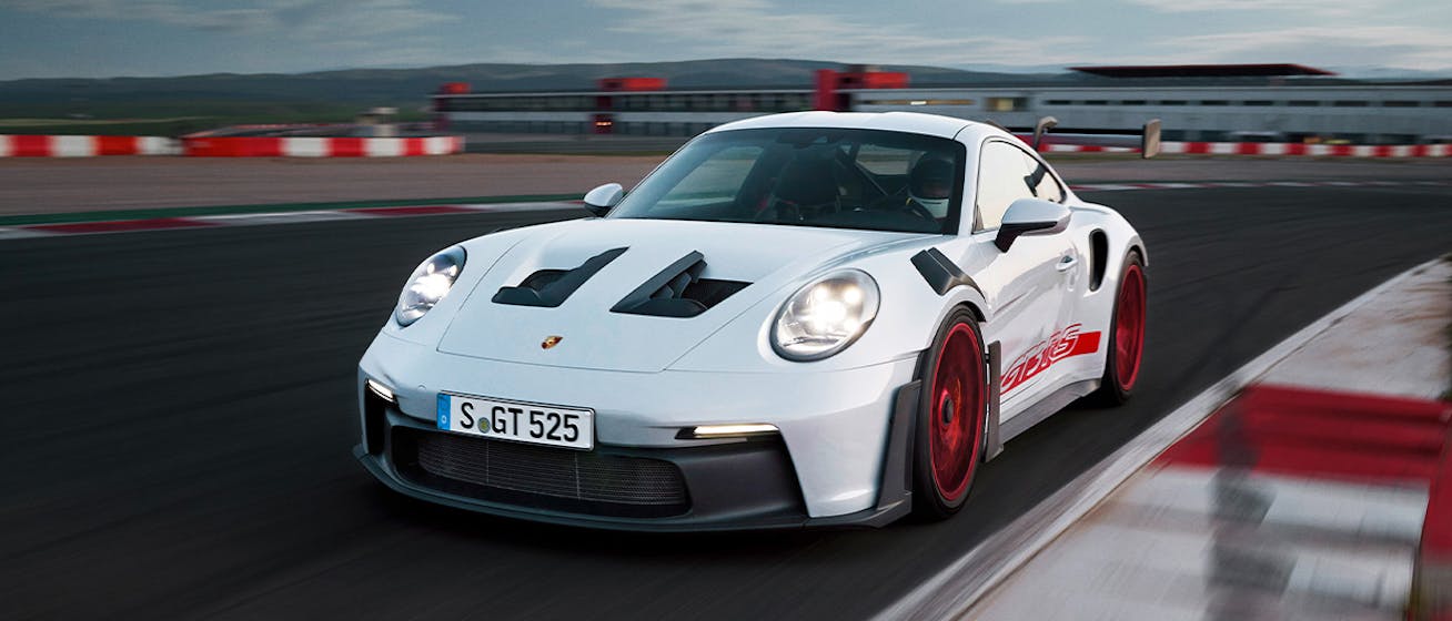 Porsche 911 GT3 RS in white on racetrack