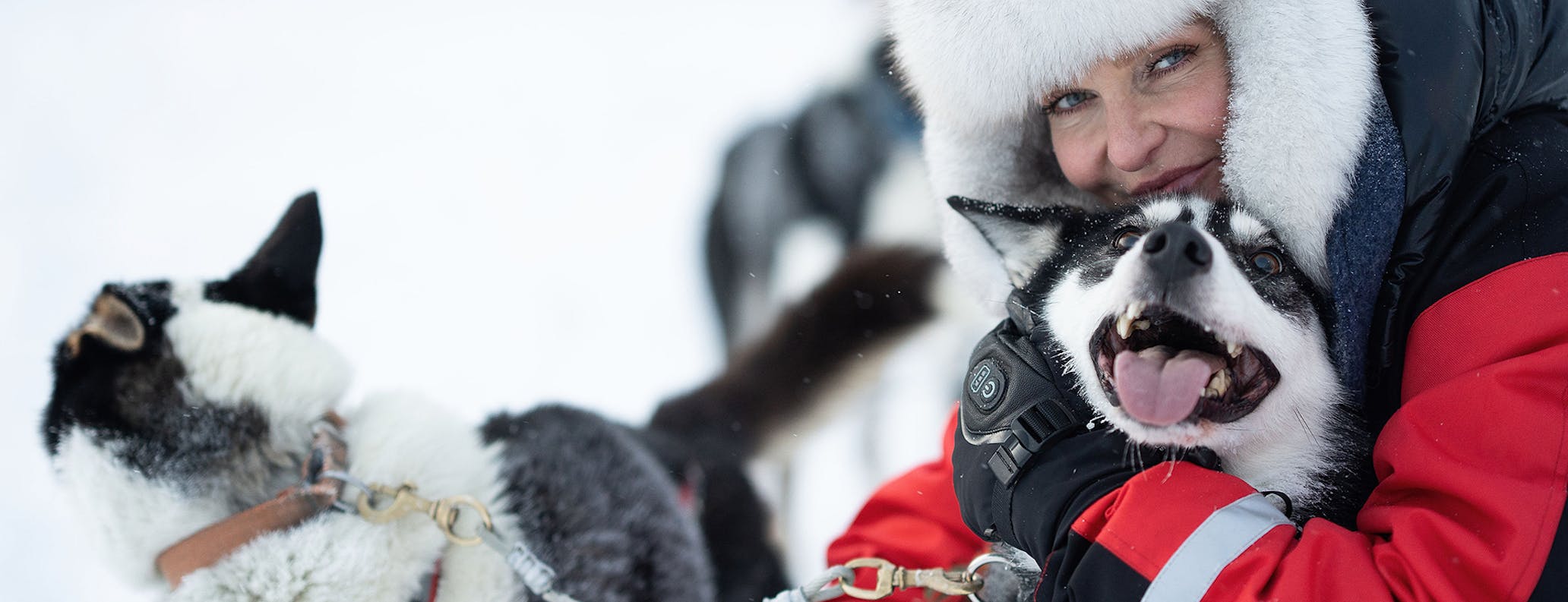 Woman hugging a husky on Porsche Ice Experience accompanying programme