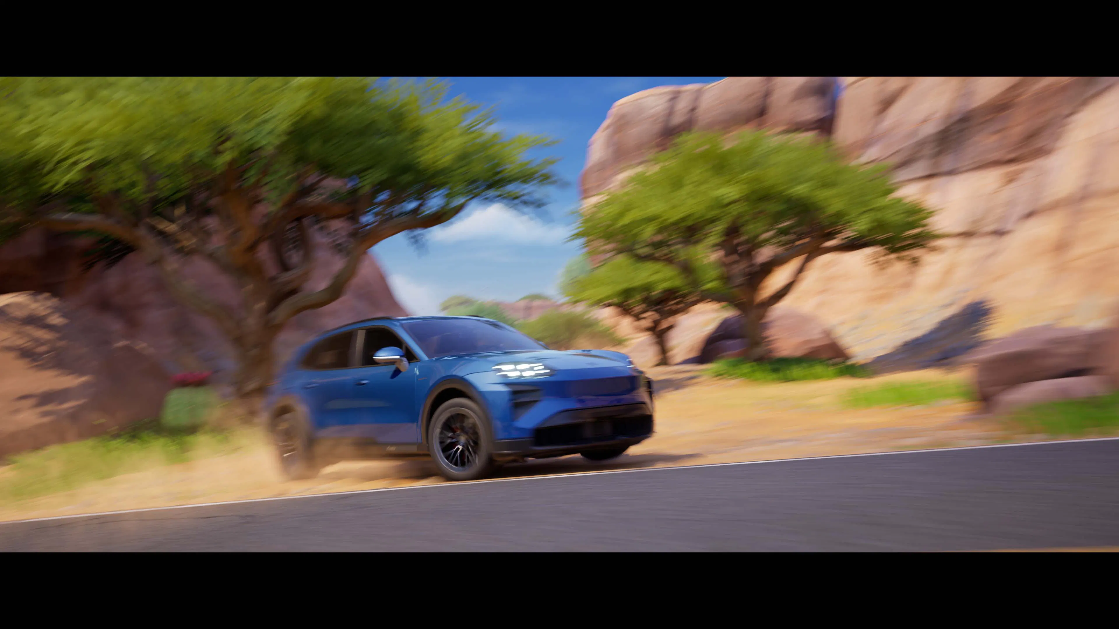 Front, three-quarters view of Porsche Cayenne Turbo Electric driving in Fortnite
