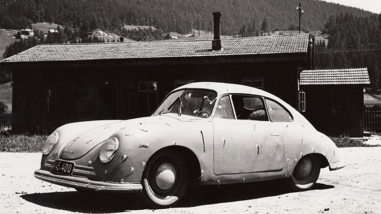 Black and white photo of Porsche 356 in Gmünd