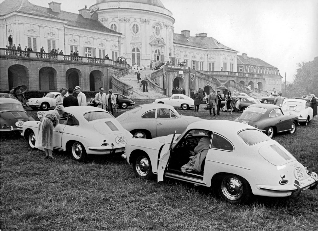 Collection of Porsche 356 cars at Solitude castle, Germany, 1960