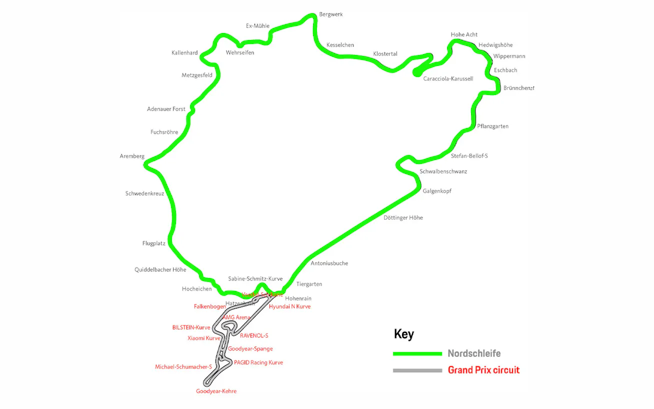 Map of Nürburgring Nordschleife circuit showing Nordschleife and the Grand Prix circuit