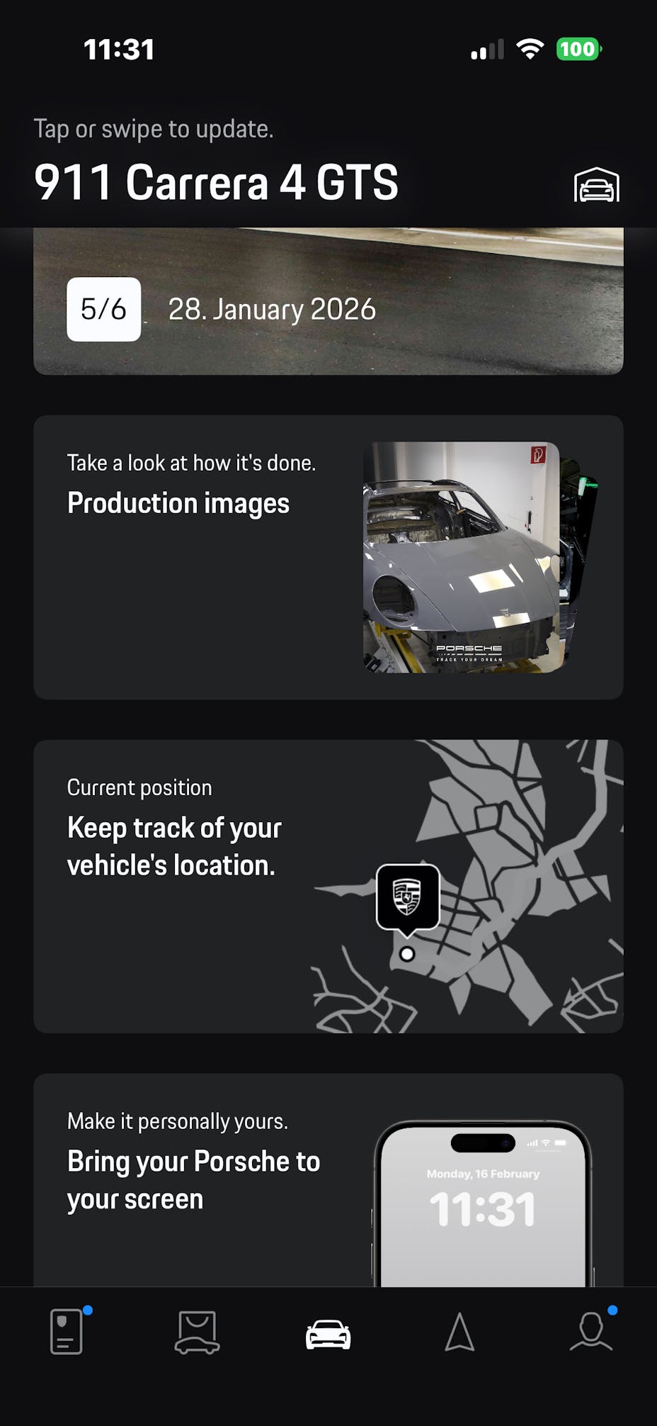 Image from the My Porsche app showing production milestones and delivery information for a new Porsche order in Track Your Dream