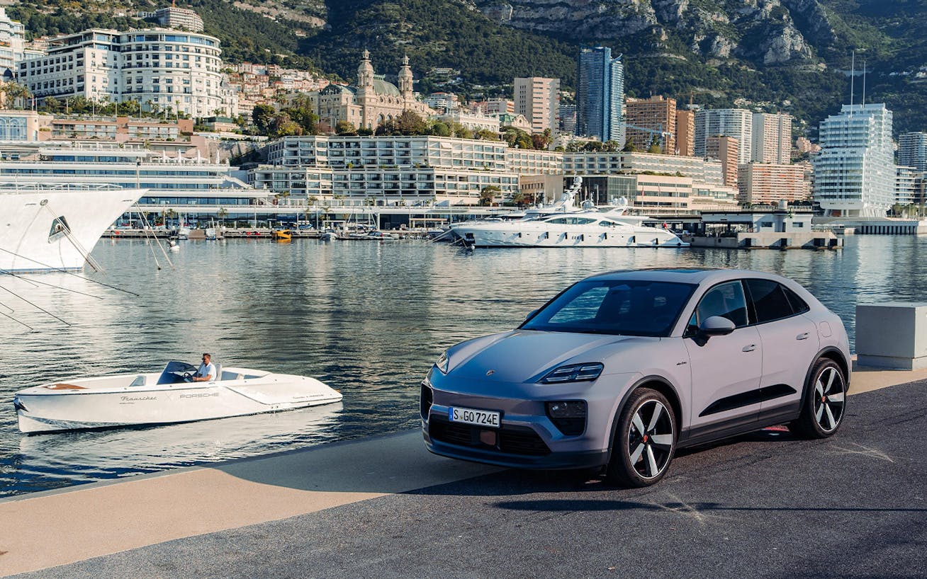 Porsche Macan Turbo Electric in Monaco with Frauscher speedboat