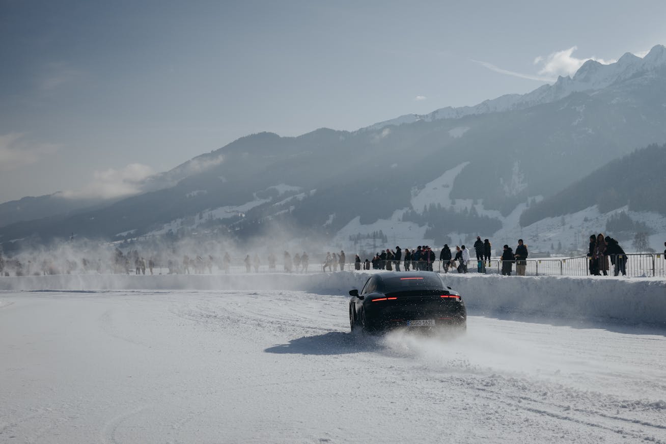 Porsche Taycan drifting on snow at F.A.T. Ice Race