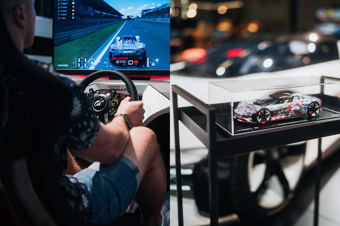 Man driving Porsche Vision GT in simulator; model car version