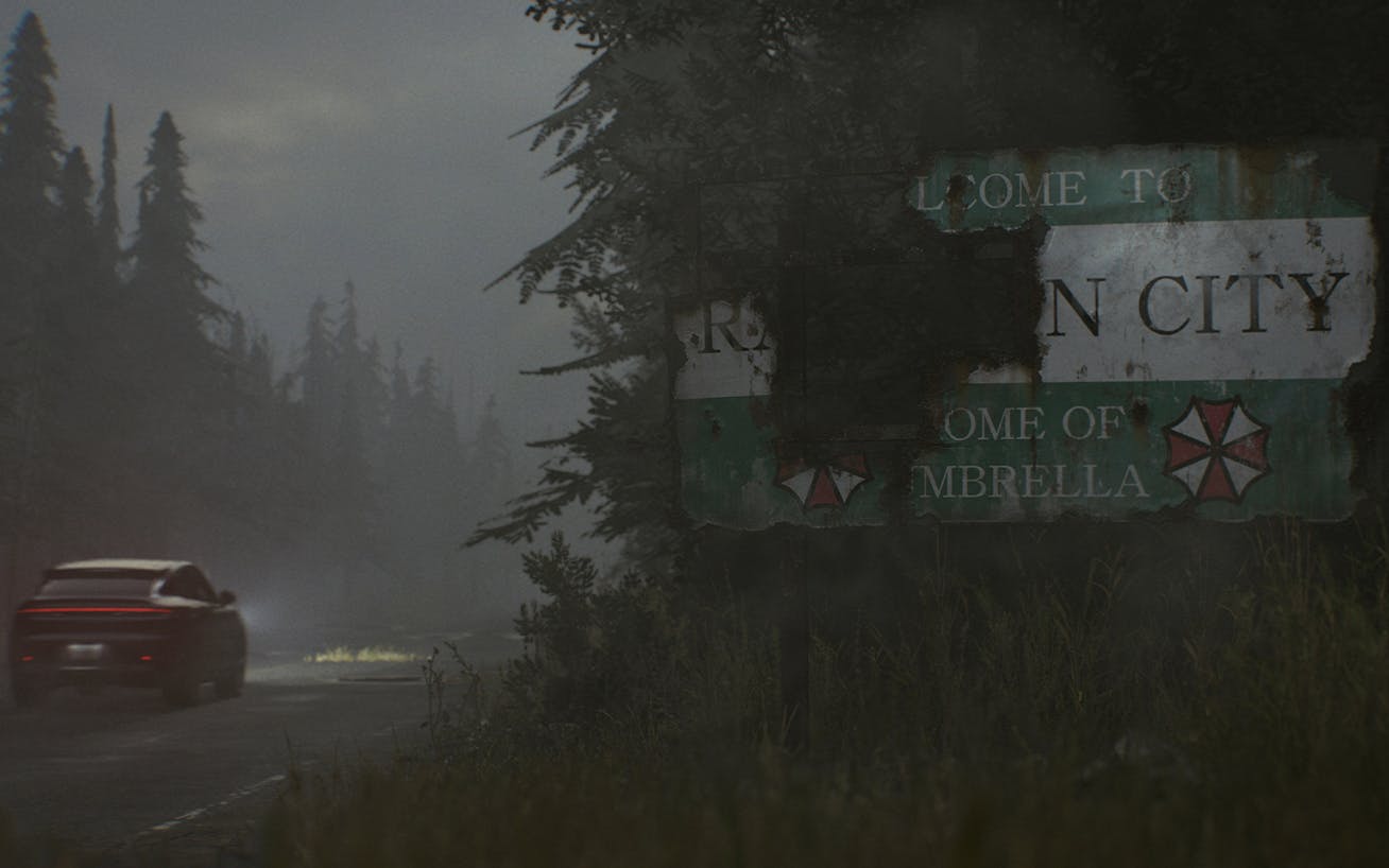 Porsche Cayenne Turbo GT drives into the town of Racoon City in Resident Evil Requiem