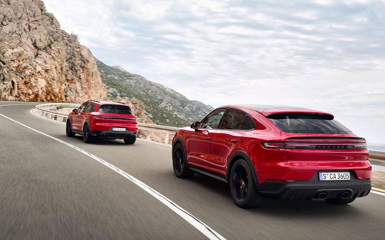 Porsche Cayenne GTS and Cayenne GTS Coupé on coastal road