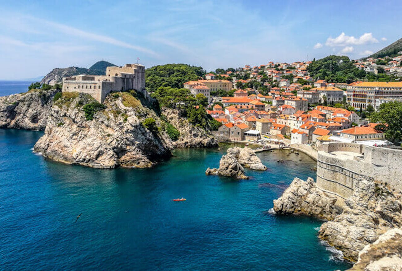 View across from Dubrovnik’s city walls to stone fortress