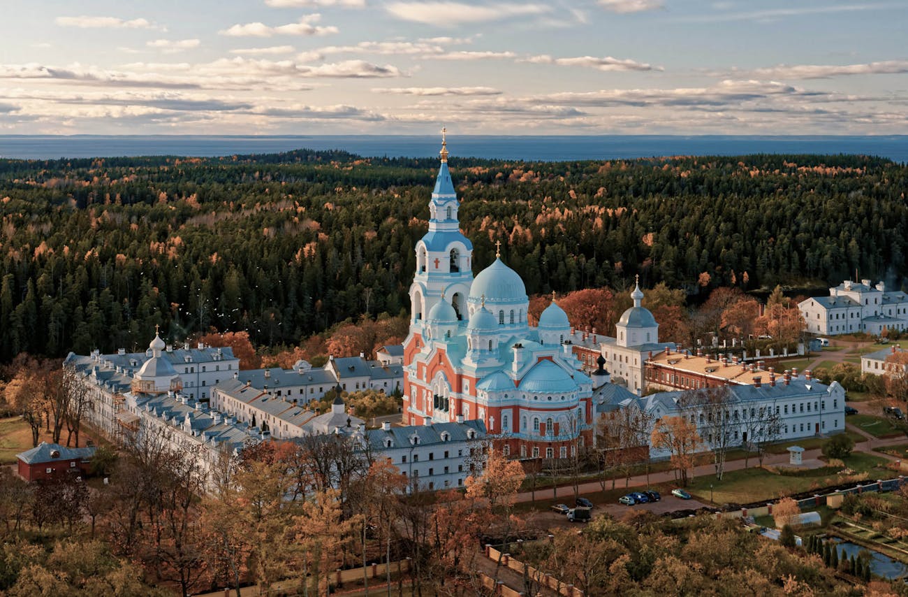 The blue-domed Valaam Monastery in Lake Ladoga, Karelia