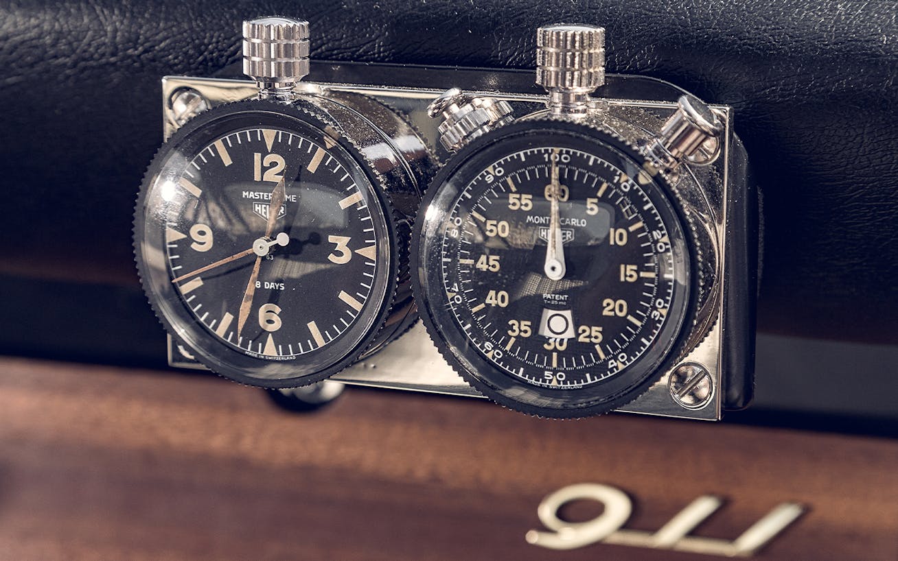 Heuer dashboard timer and clock in Porsche Monte Carlo 911