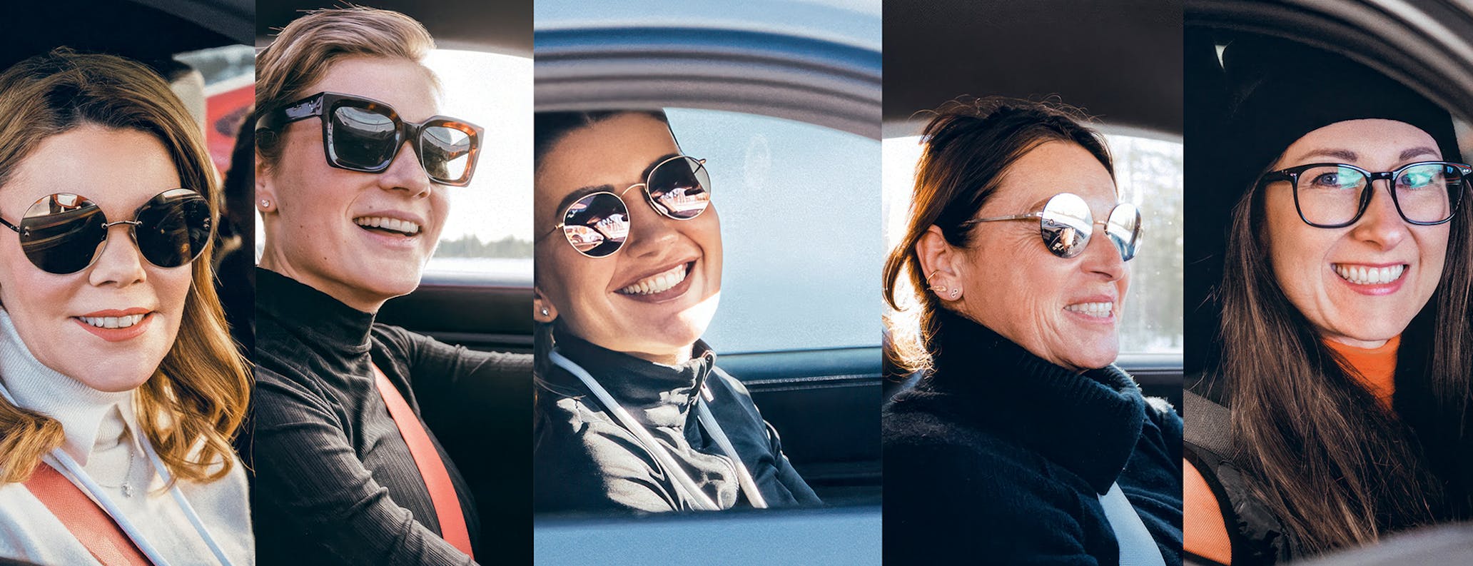 Collage of five women behind the wheel of a Porsche