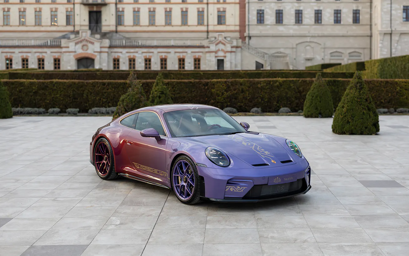Front three-quarter view of Porsche 911 GT3 with Touring Package Tree of Life car outside stately home 1