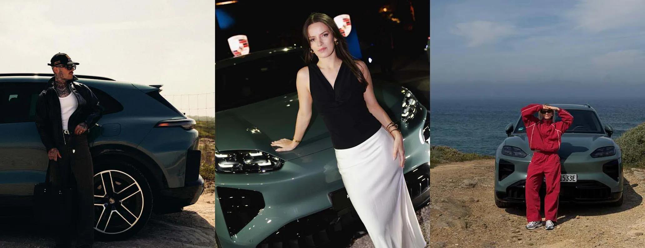 Three people standing beside the new Porsche Cayenne Electric