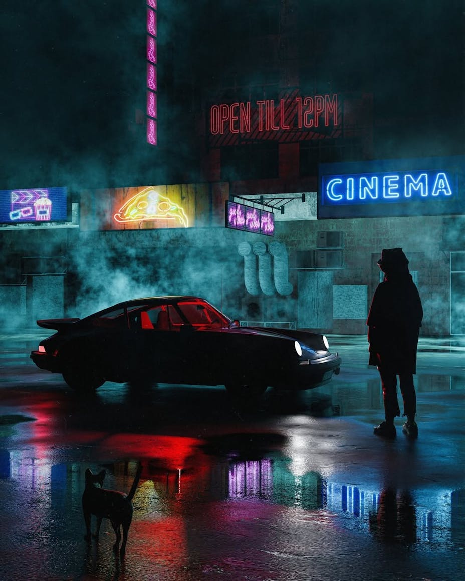 Image of a classic Porsche 911 and a shadowy figure in a neon-lit cityscape 
