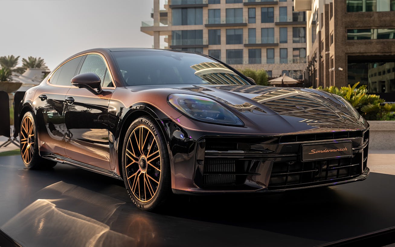 Porsche Panamera Turbo E-Hybrid Sonderwunsch on display at the 2025 Icons of Porsche in Dubai    