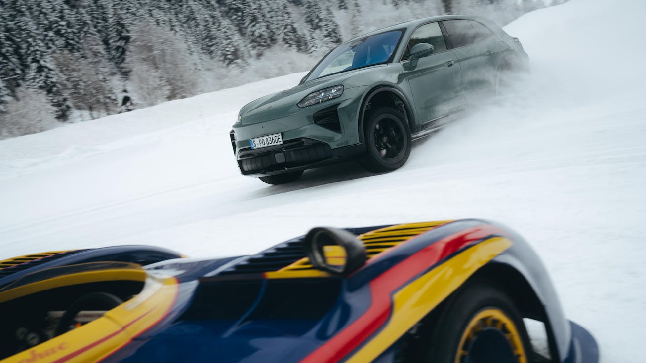 Porsche Cayenne Electric driving on ice with Porsche 917/30 in the foreground at the 2026 F.A.T. Ice Race