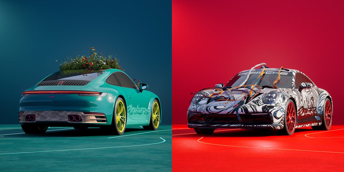 Porsche NFT cars with roof meadow and electric cables extruding