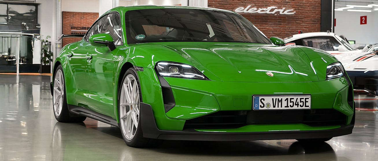 Green Taycan Turbo GT with Weissach package at Porsche