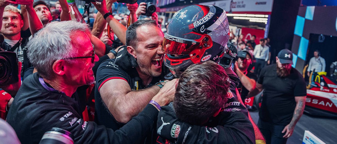 Porsche Formula E driver, Pascal Wehrlein, hugged by team